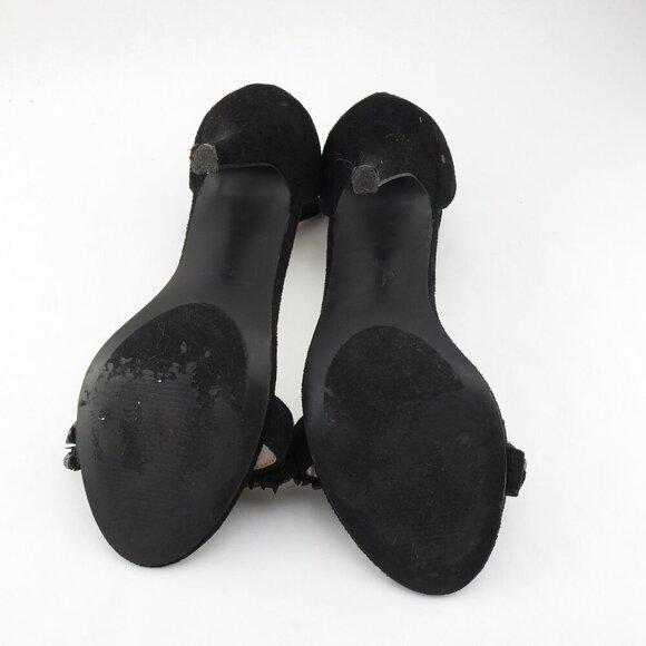 Black Strappy 4" Heels Faux Suede Flower Accents 3 Straps Heel - Picture 12 of 14